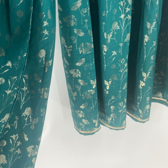 Janasya 2 Peice set teal green tunic & flare bell bottoms gold metallic florals - Picture 6 of 16